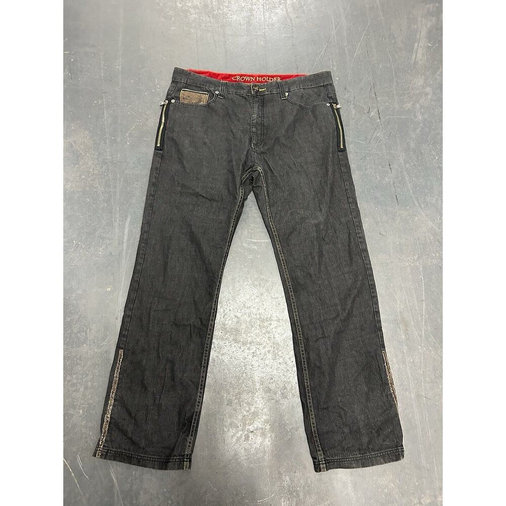 Crown Holder Y2K Denim Jeans Grey Men’s 40x34 Zipper Pockets Leather Patchwork